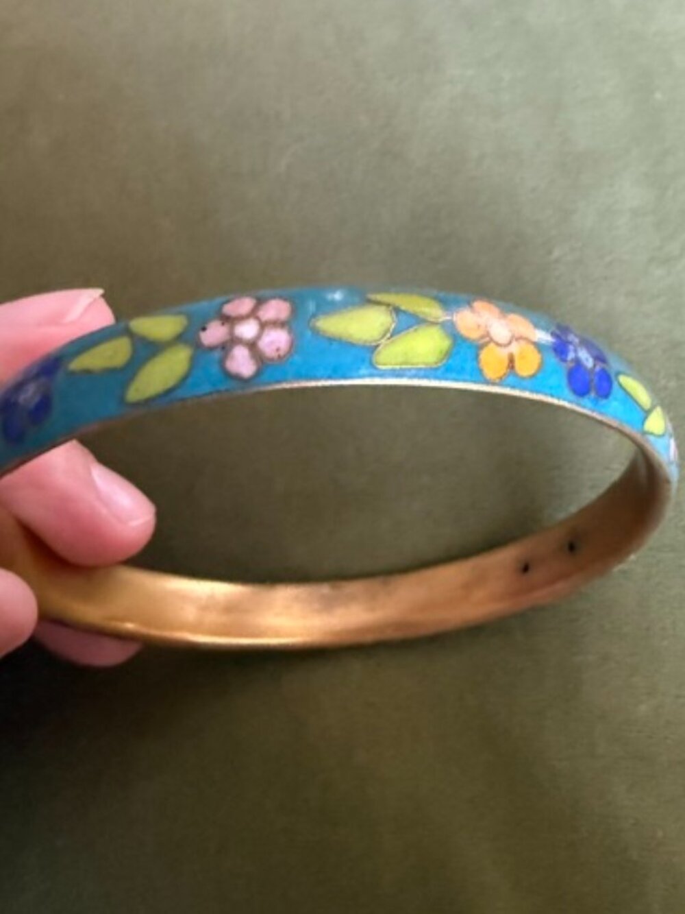 vintage gold and blue floral enamel bangle